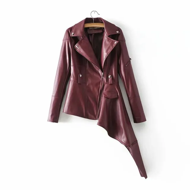 Women's Slim Fit, Lapel, Long Sleeves, irregular Hem Leather Clothing Wine Red - Shop at LoveMi