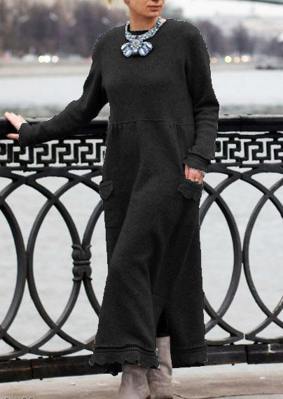 Solid Color Round Neck Pullover Lace Loose Large Size Knitted Long Dress
