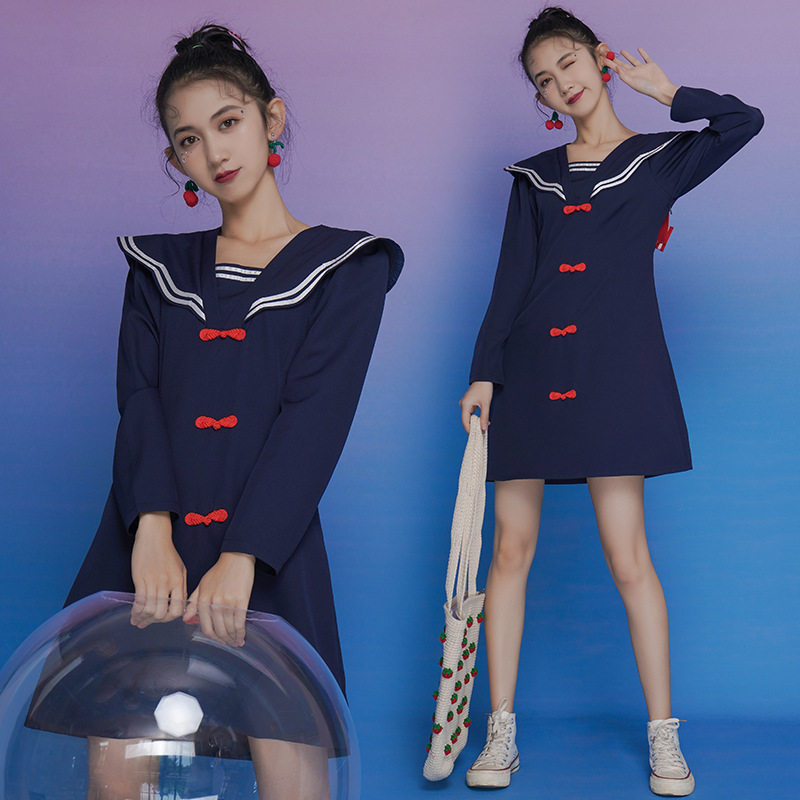 Women's Navy Style Lapel Dress Was Thin Young Girl