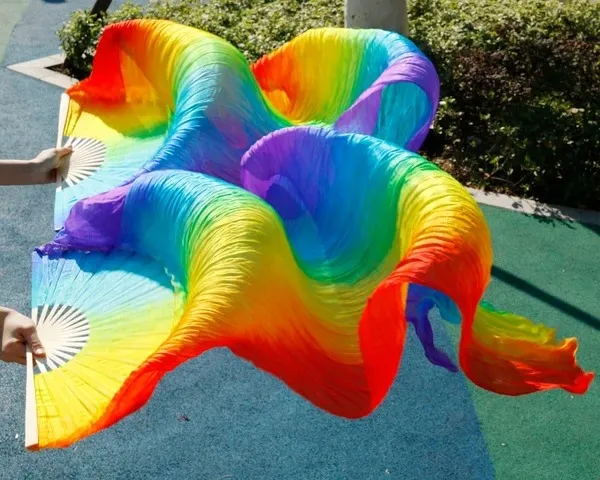 Rainbow Long Silk Bamboo Folding Fan Vertical - Shop at LoveMi