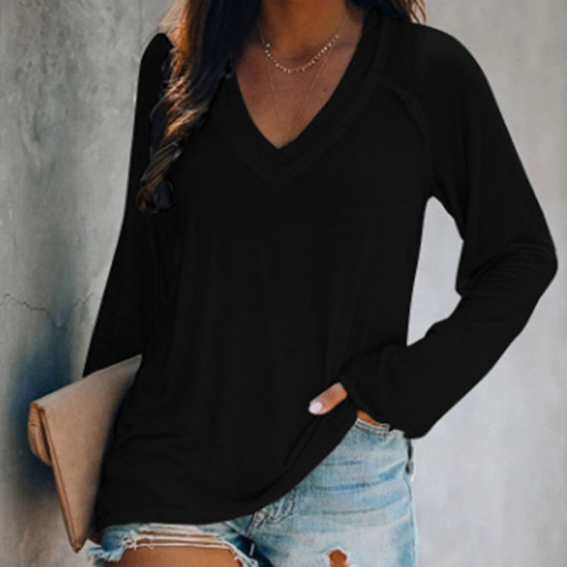 Ladies Deep V Neck Pullover Long Sleeve T-Shirt