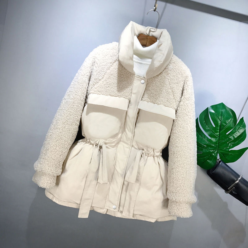 New Style Lamb Wool Stitching Cotton Jacket Off White - Shop at LoveMi