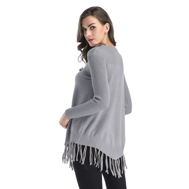 Fashion sweater knit sweater with fringed hem