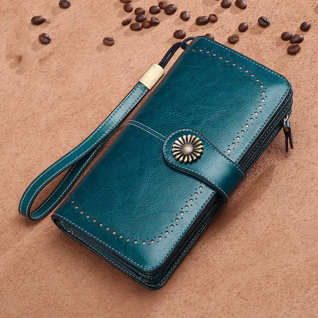 Hollow Women Clutch Leather Wallet Female Long Wallet Women Zipper Purse Strap Money Bag Purse Green - Shop at LoveMi