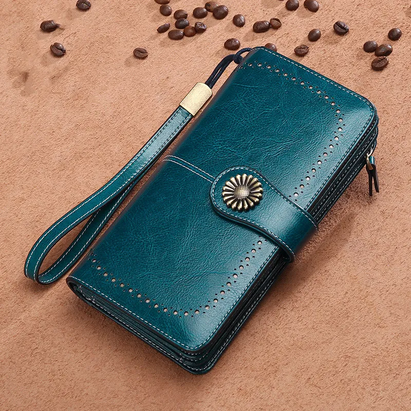 Hollow Women Clutch Leather Wallet Female Long Wallet Women Zipper Purse Strap Money Bag Purse - Green