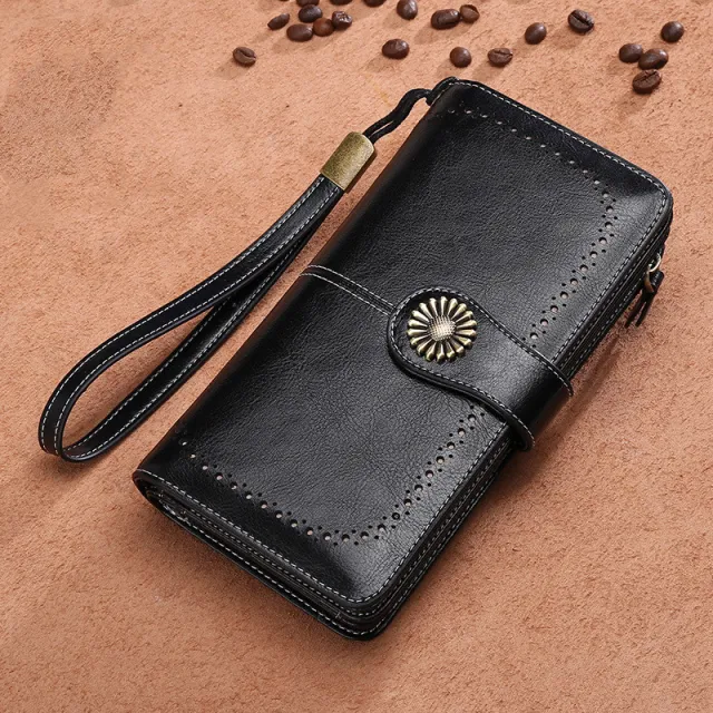 Hollow Women Clutch Leather Wallet Female Long Wallet Women Zipper Purse Strap Money Bag Purse Black - Shop at LoveMi