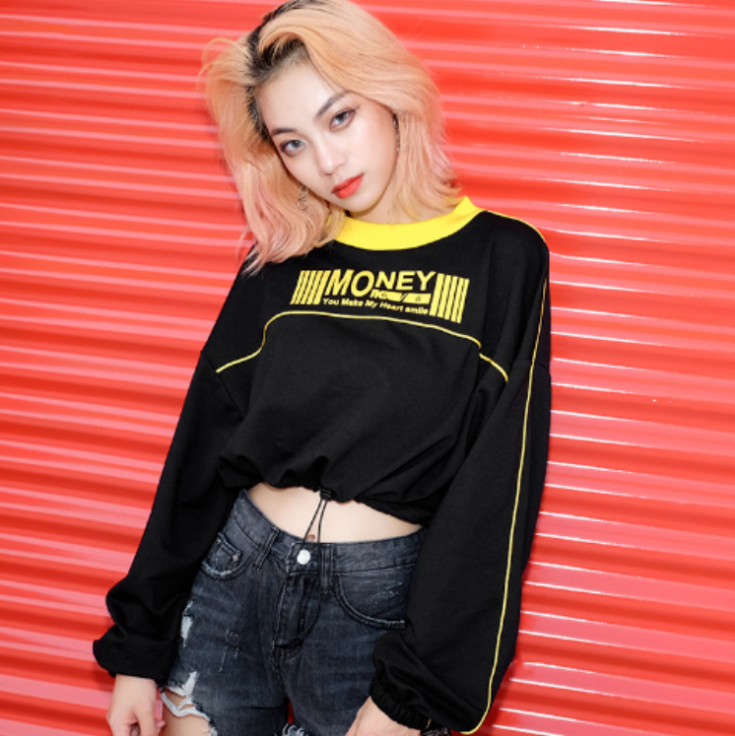 Letter printed hem drawstring long sleeve sweater