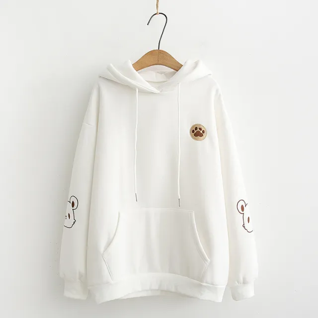 Bear paw embroidered hooded plus fleece sweater White - Shop at LoveMi