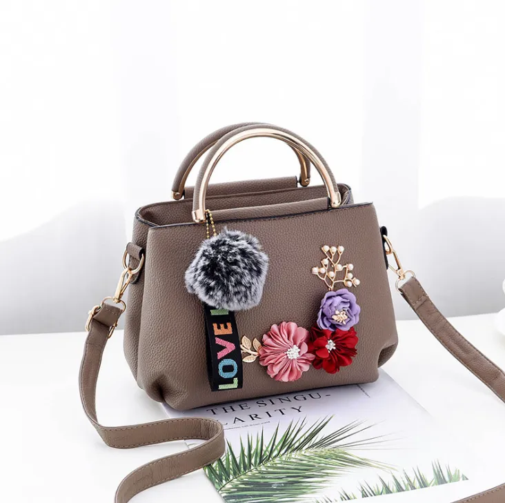 Color Flowers Shell Women's Tote Leather Clutch Bag - Khaki