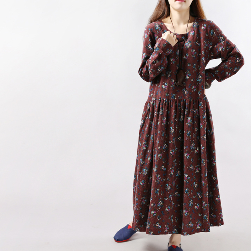 Spring and Autumn Plus Size Loose Long Sleeve Floral Dress