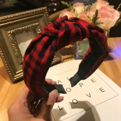 Knotted wide-edge fabric cross hairpin - Plaid Wine Red - View 1