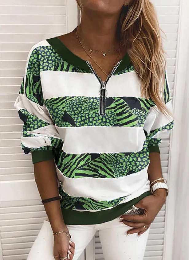 Long Sleeve White Leaf Stripe Print Women's Top Green - Shop at LoveMi