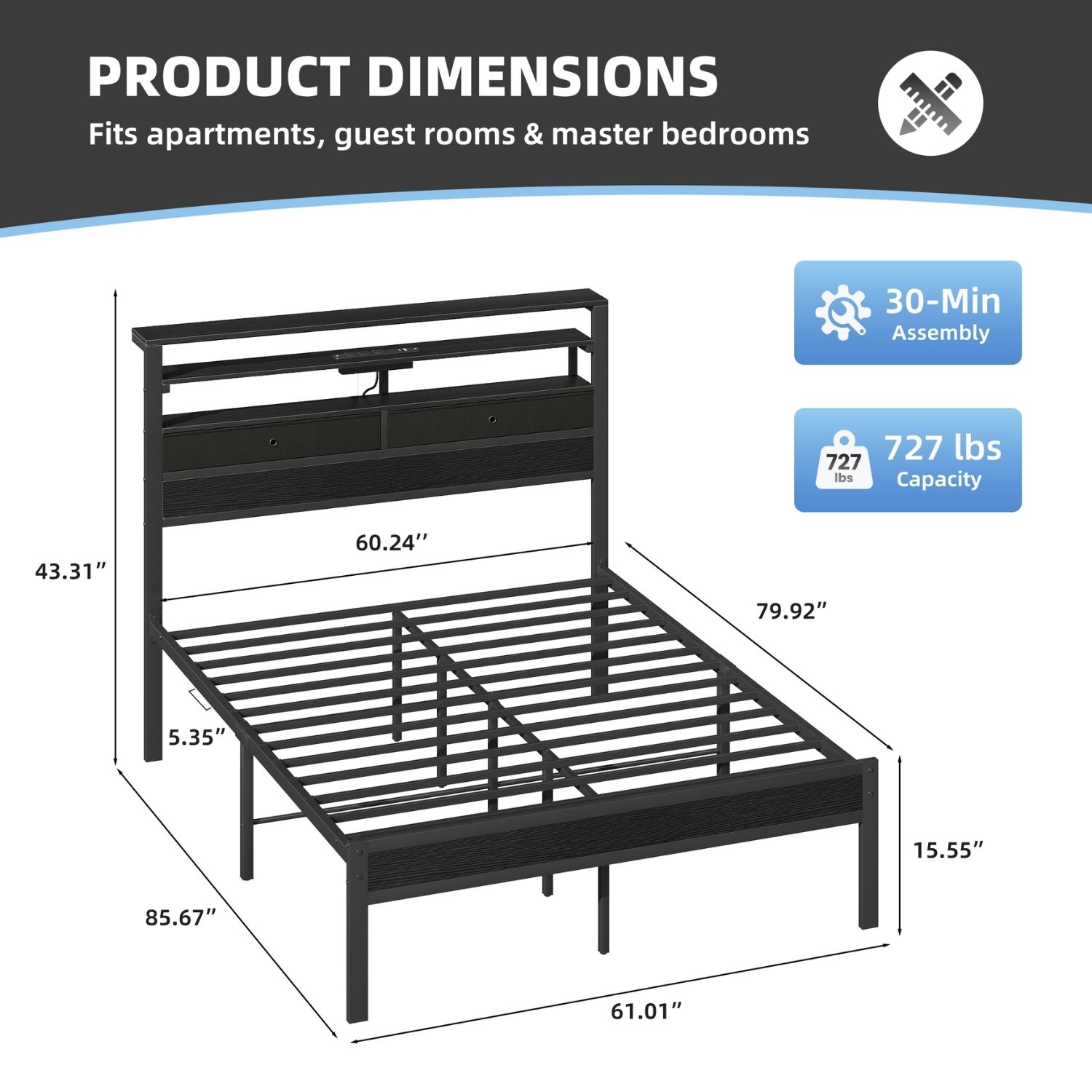 Full Bed Frame With Charging Station And LED Lights, Wood Headboard, 2 Fabric Drawers And Storage Shelves, Metal Slats, No Box Spring Needed — foto 2