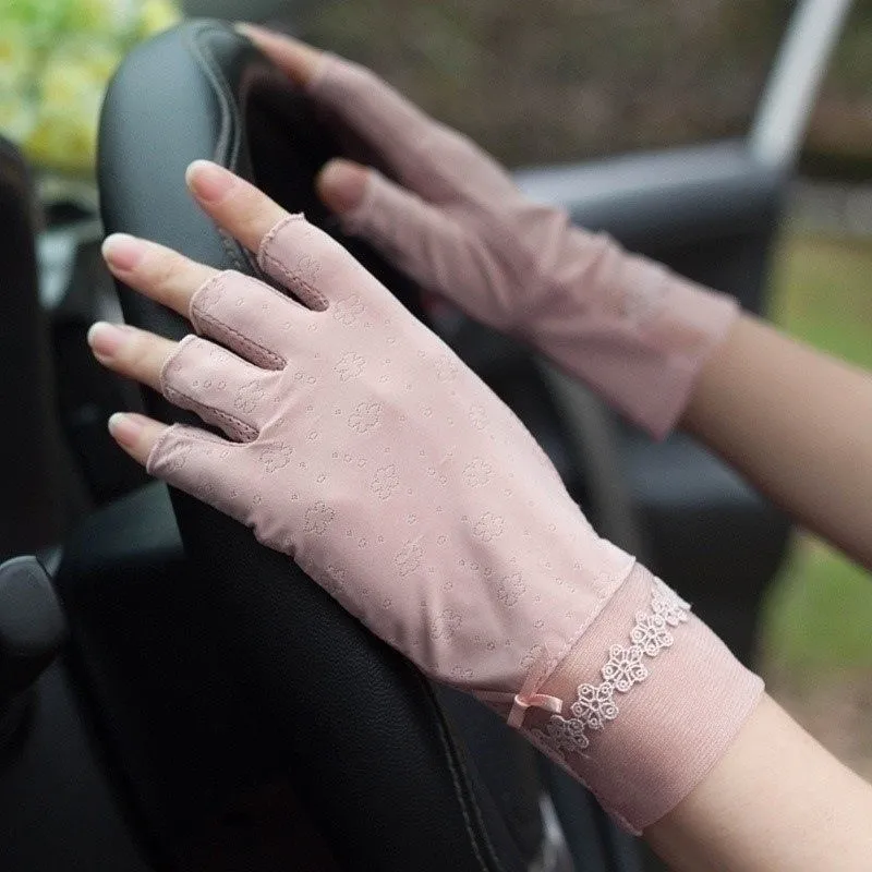 Semi-Finger Lace Sunscreen Gloves Female Summer Ice Silk Half Fingers Anti-Slip Driving Thin Anti-UV Fashion Women Mittens TB54 - Light Pink A