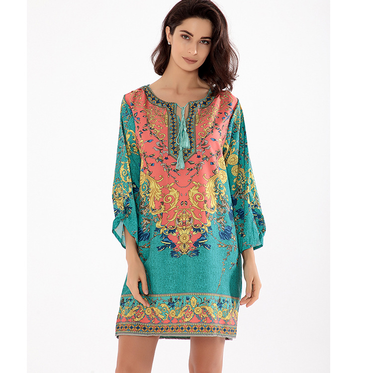 Ethnic style positioning printing ribbon dress