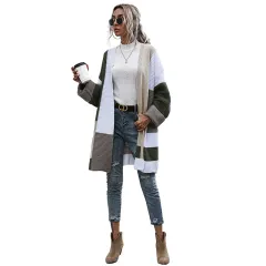 New Women Knitted Cardigans Lazy Style Color Matching - Green - View 1