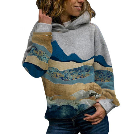 Long Sleeve Top Large Size Mountain Print Hooded