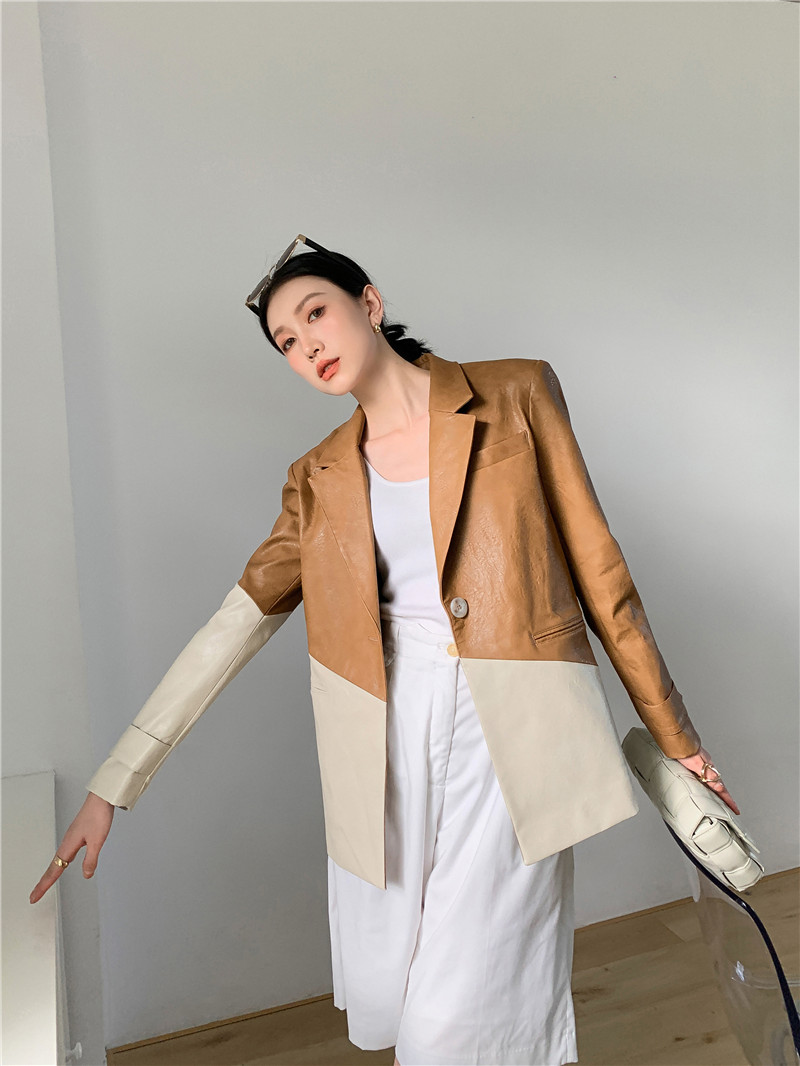 Retro hit color twill loose profile stitching leather salt coat Rice Coffee - Shop at LoveMi