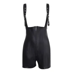 Women's Casual Waist Hip-Lifting PU Leather Overalls - Black - View 1