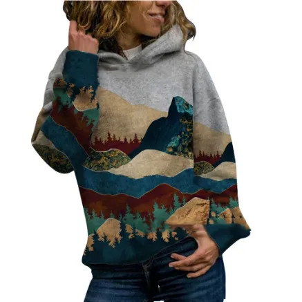 Long Sleeve Top Large Size Mountain Print Hooded Red Wine - Shop at LoveMi