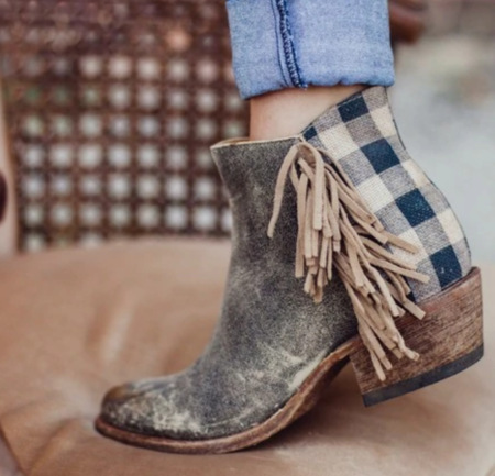 Fringed plaid chunky heel ankle boots