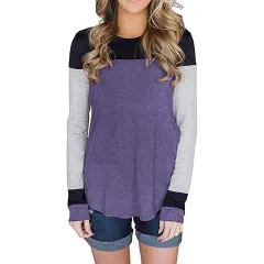 Comfortable and fashionable solid color women's color matching T-shirt - Purple - View 1