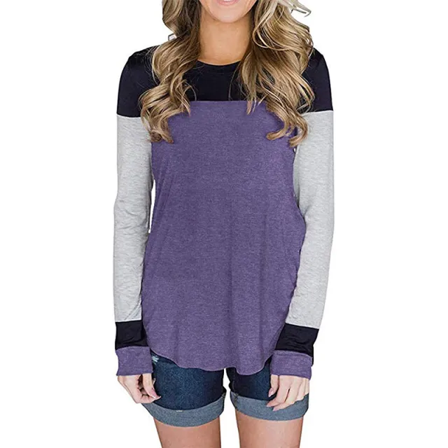 Comfortable and fashionable solid color women's color matching T shirt Purple - Shop at LoveMi