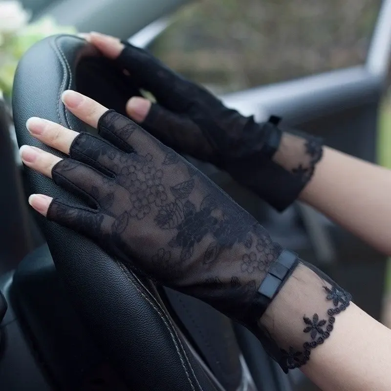 Semi-Finger Lace Sunscreen Gloves Female Summer Ice Silk Half