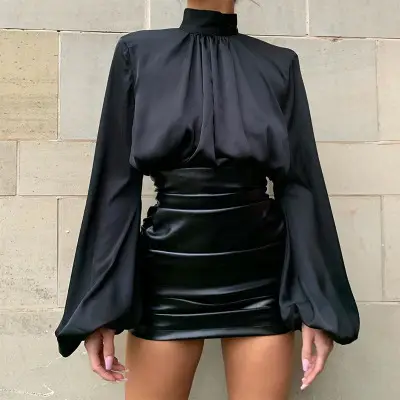 Satin-finish puff-sleeve turtleneck T-shirt top