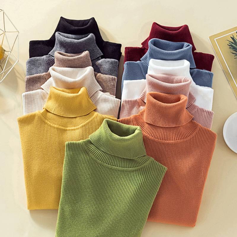 Knit high neck bottoming shirt candy color stretch top