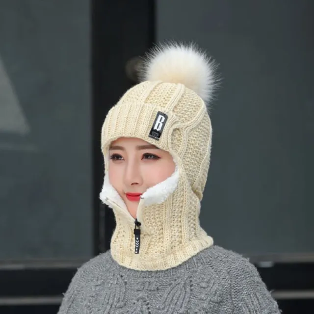 Women Wool Knitted Hat Ski Hat Sets For Female Windproof Winter Outdoor Knit Warm Thick Siamese Scarf Collar Warm Hat Girl Gift Beige - Shop at LoveMi