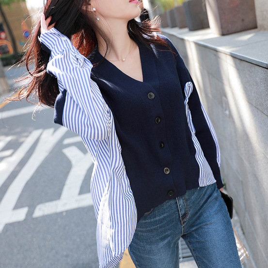 V-neck stitched knitted cardigan