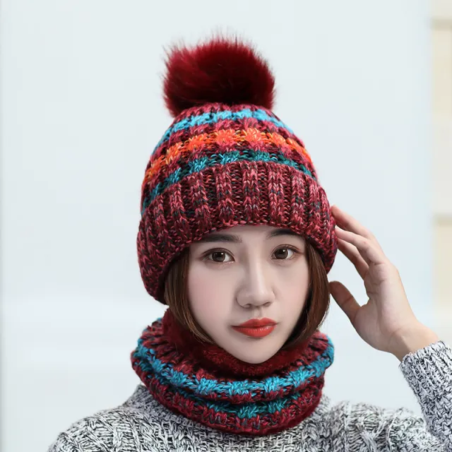 Color block bib knitted hat Wine Red - Shop at LoveMi