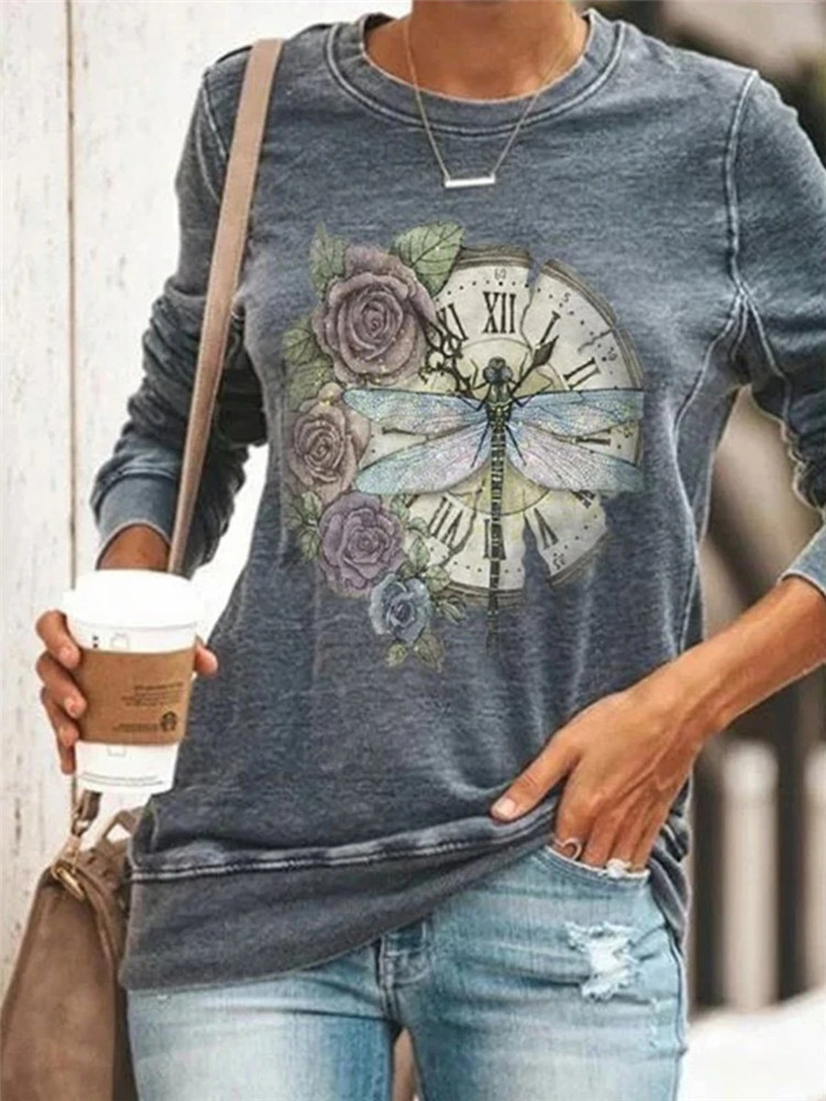 Dragonfly print round neck long sleeve women's T-shirt
