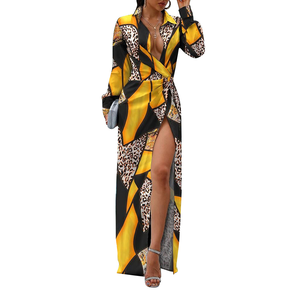 Ladies Winter Printed Temperament Irregular Split Shirt Long Dress