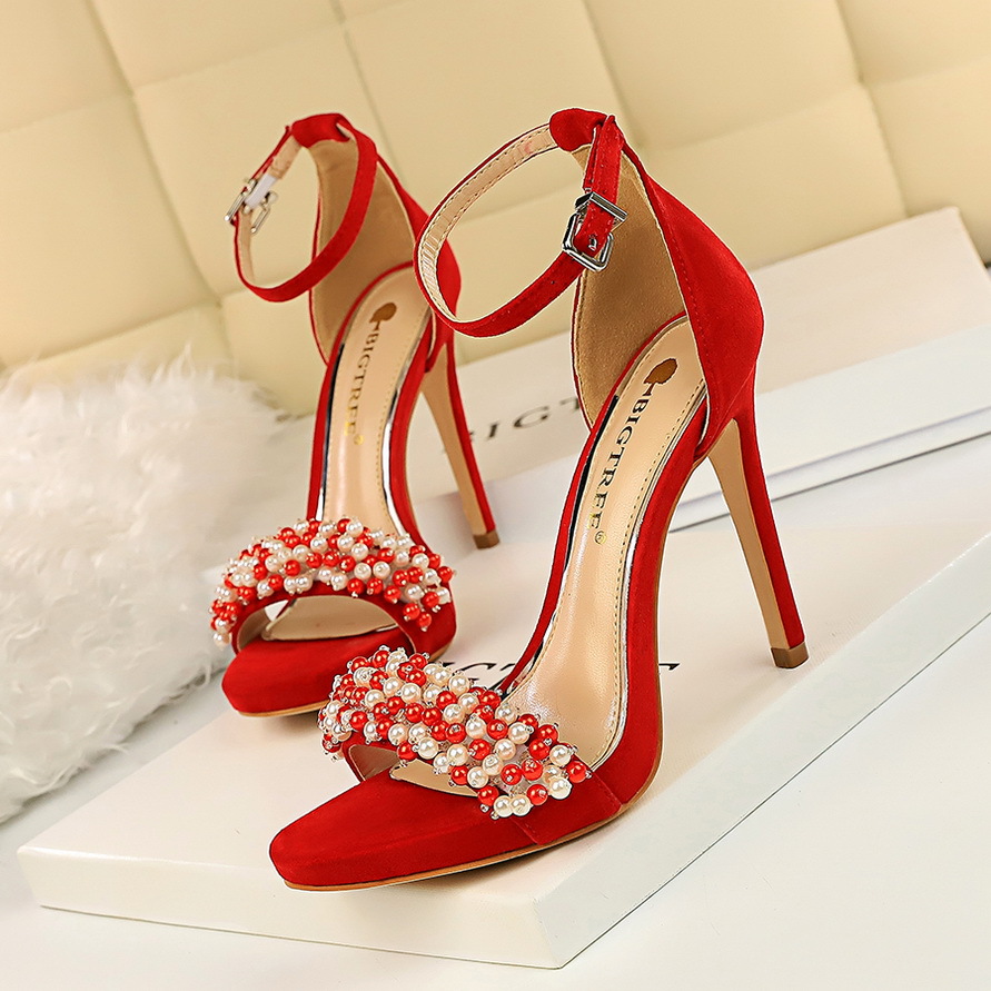 High heel platform suede pearl rhinestone strap sandals Red - Shop at LoveMi