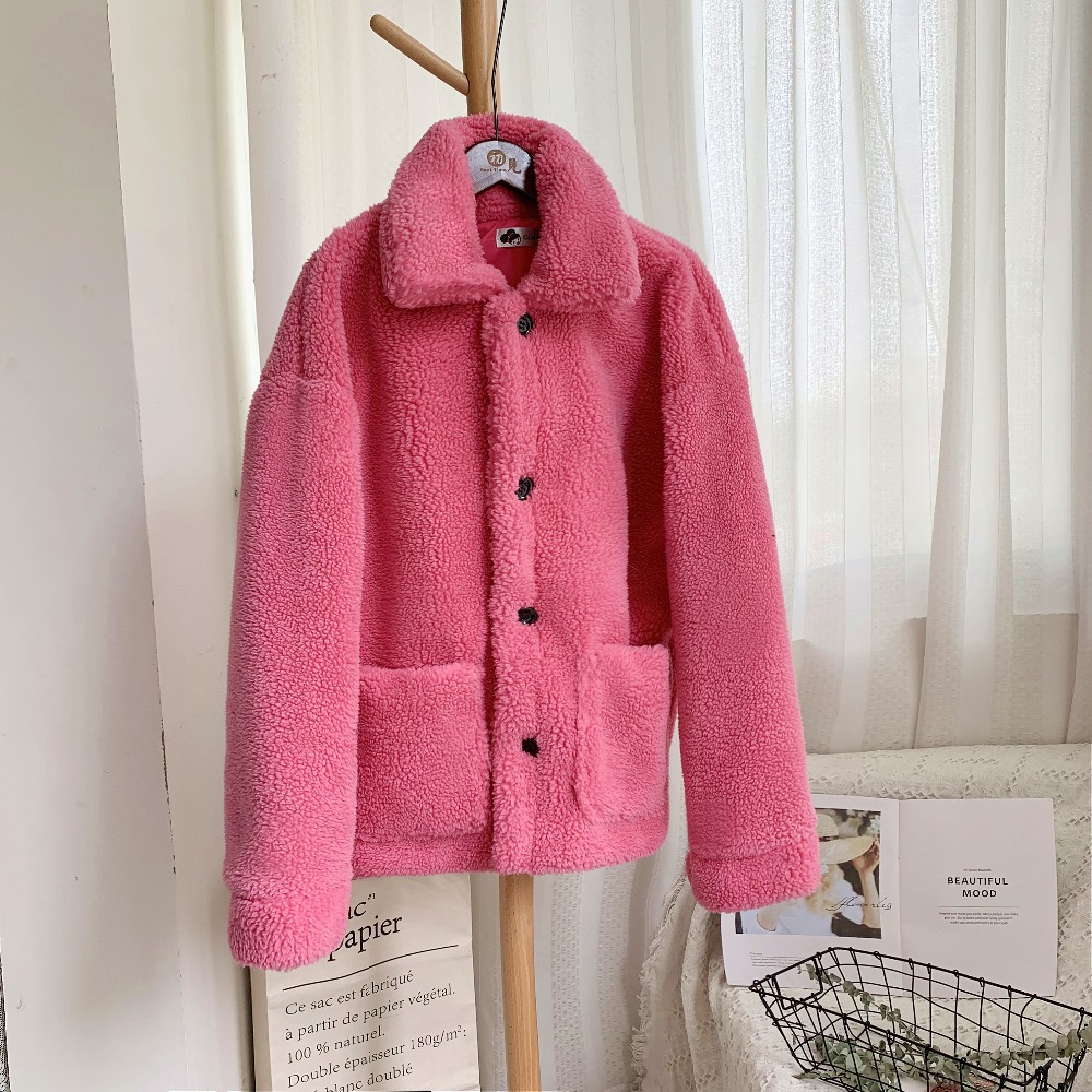 Short faux fur coat in grain fleece Watermelon Red - Shop at LoveMi