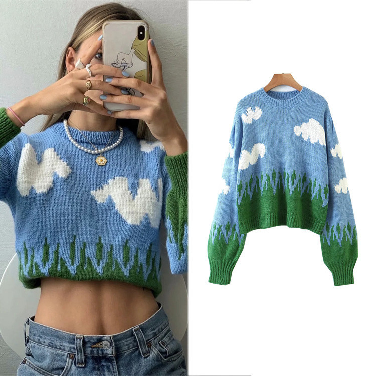 Loose Sky Clouds Cartoon Long Sleeve Knitted Sweater Thin Crew Neck
