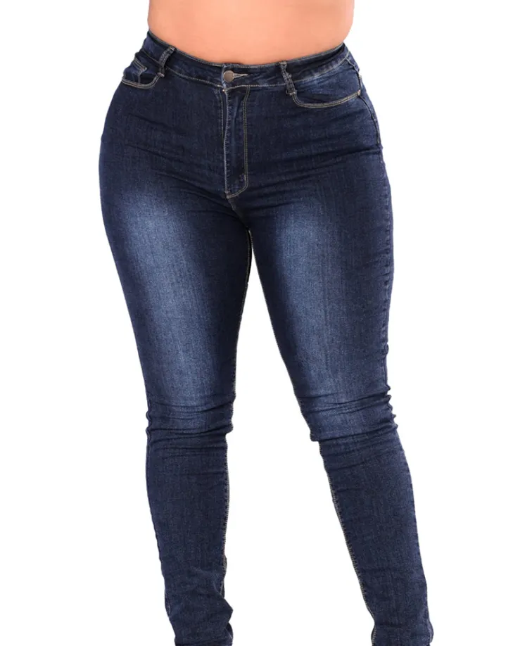 Extra large size fashion high elastic denim pants women - Blue