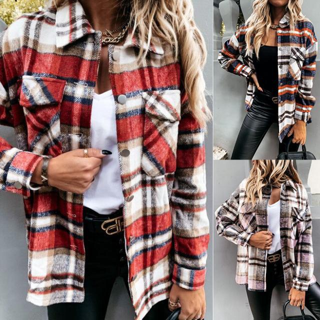 Autumn And Winter Long-Sleeved Plaid Print Coat