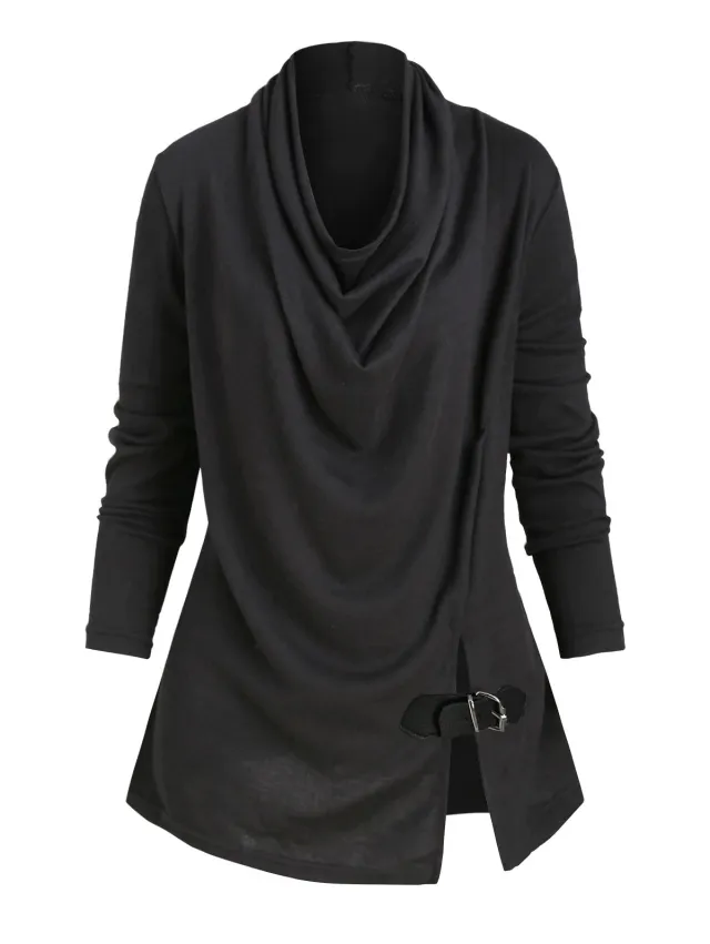 Stacked collar long sleeved brushed all match blouse Black - Shop at LoveMi