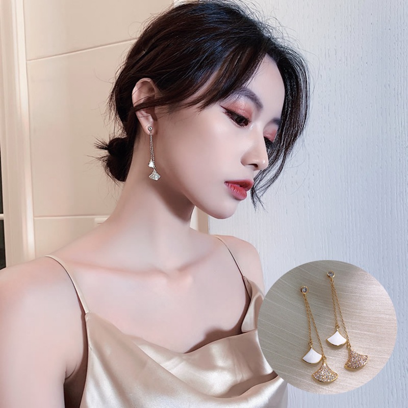 Full diamond fan-shaped long tassel earrings