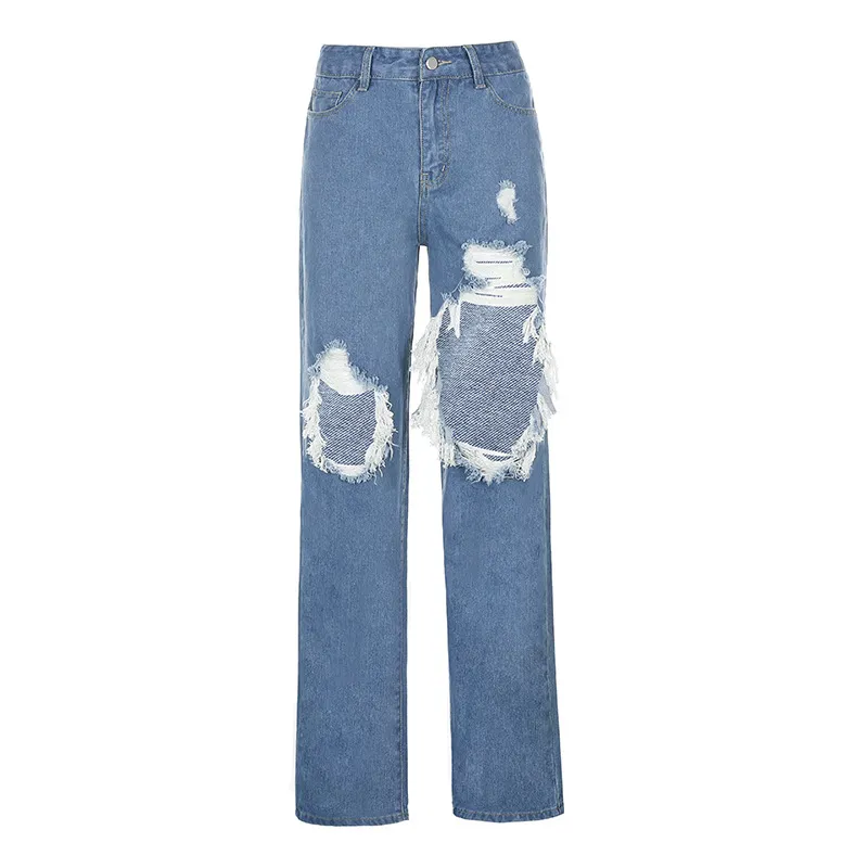 Denim Straight High Waist Pocket Loose Casual Pants - Blue