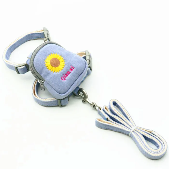 Korean Embroidered Pet Backpack Leash Chest Strap - Blue
