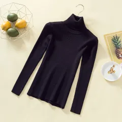 Knit high neck bottoming shirt candy color stretch top - Black - View 1