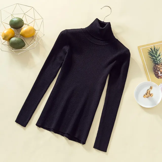 Knit high neck bottoming shirt candy color stretch top Black - Shop at LoveMi