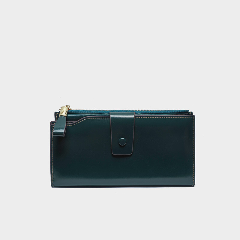 Long leather wallet multi function large capacity oil wax cowhide Green - Shop at LoveMi