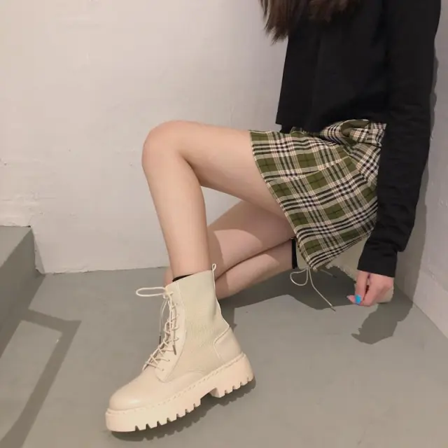 All match Lace up Platform Stitching Short Boots Beige - Shop at LoveMi