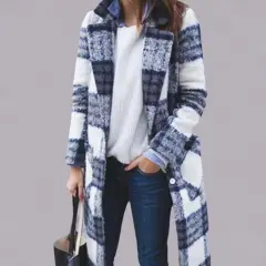 Cross-Border Hot Style And The United States new loose Plaid long Wool - Blue - View 1