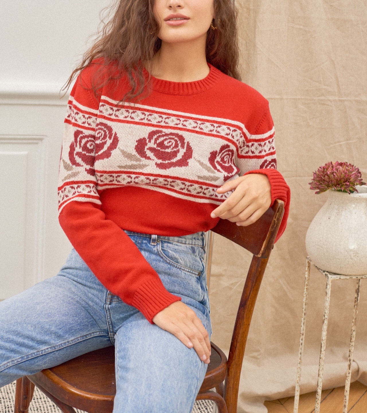 Lady's Round Neck Pullover Rose Print Sweater
